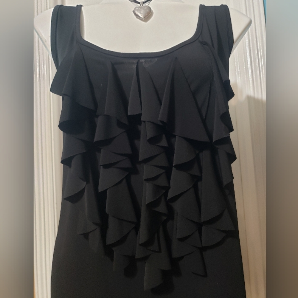 Plus size black sleeveless front ruffles blouse